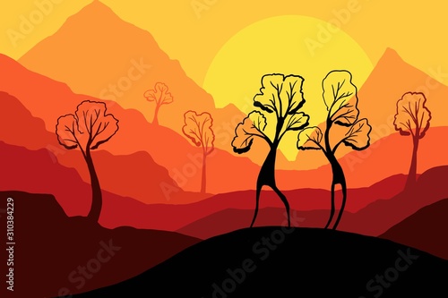 Silhouette of couple of trees dancing in the evening sunset