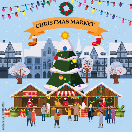 Christmas village, winter town, souvenirs market stalls with decorations souvenirs and bakery