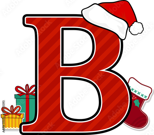 capital letter b with red santa's hat and christmas design elements isolated on white background. can be used for holiday season card, nursery decoration or christmas paty invitation