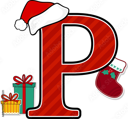 capital letter p with red santa's hat and christmas design elements isolated on white background. can be used for holiday season card, nursery decoration or christmas paty invitation