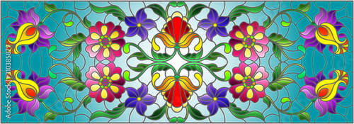 Illustration in stained glass style with abstract  swirls,flowers and leaves  on a blue background,horizontal orientation
