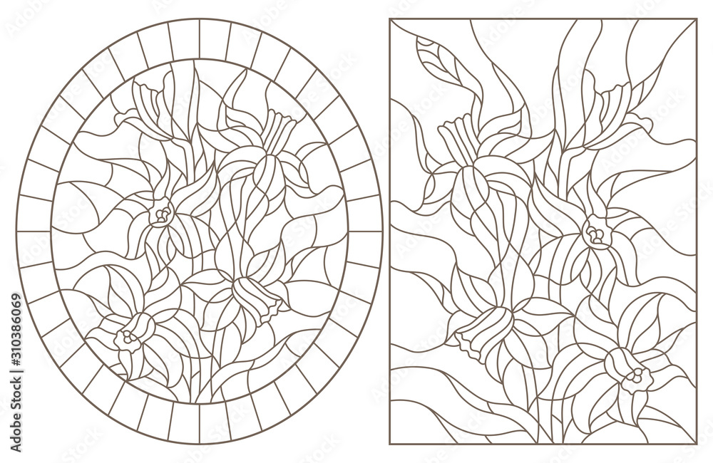 A set of contour illustrations of stained glass Windows with daffodils in frames, dark contours on a white background, oval and rectangular image