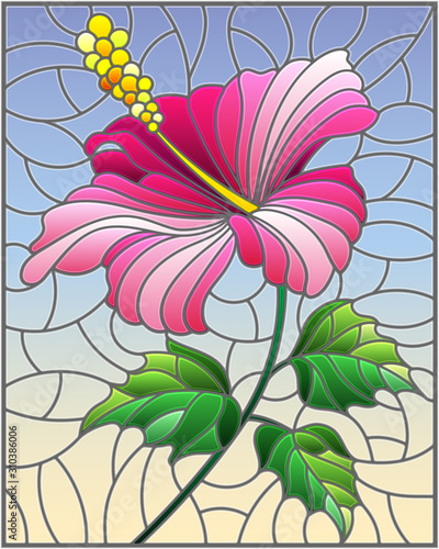 Illustration in stained glass style with flower, buds and leaves of pink hibiscus on sky background