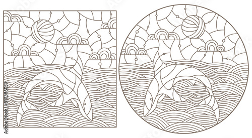 Set contour illustrations with sharks on the waves and the sky , the dark outline on a white background