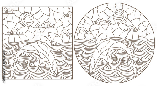 Set contour illustrations with sharks  on the waves and the sky , the dark outline on a white background