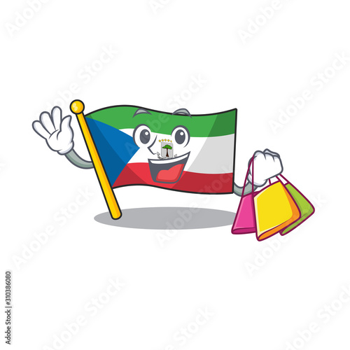 Happy face flag equatorial guinea Scroll mascot style waving and holding Shopping bag