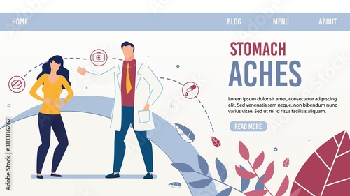 Gastroenterology, Stomach Ache and Disease. Trendy Flat Landing Page with Cartoon Man Doctor and Female Patient. Internal Organs Healthcare. Online Service and Telemedicine. Vector Illustration