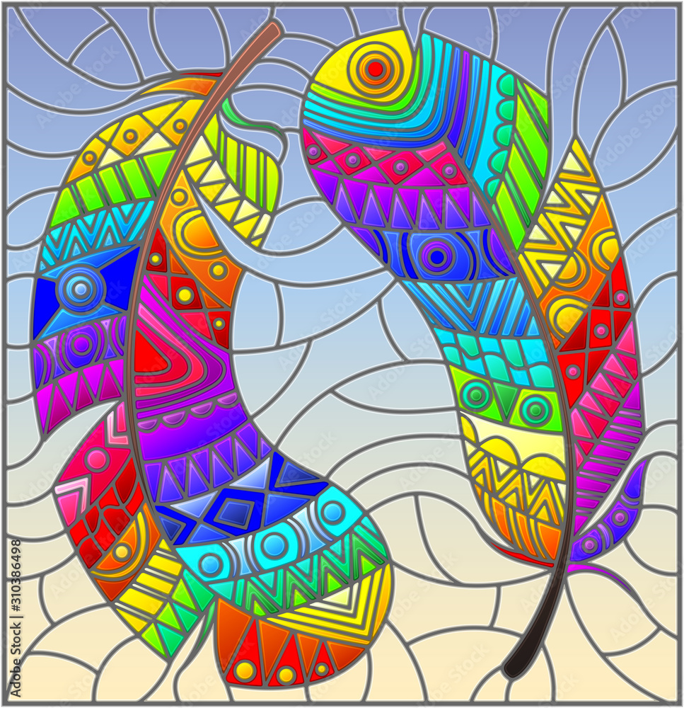 Illustration in stained glass style with bright patterned rainbow feathers on a blue sky background