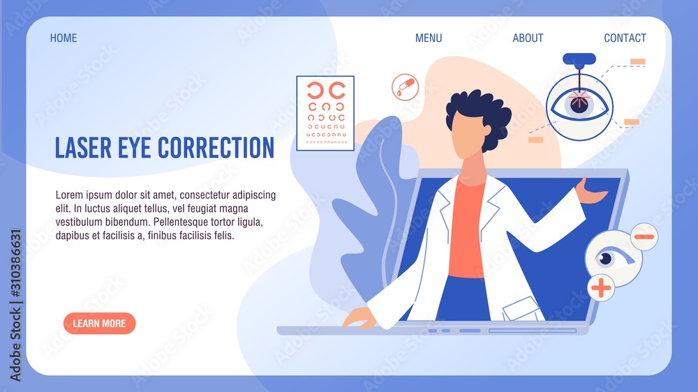 Laser Eye Vision Correction Landing Page on Flat Screen Design. Operation Surgery Technology. Cartoon Ophthalmologists Giving Consultation on Laptop. Online Medical Service. Vector Illustration Stock Vector | Adobe Stock
