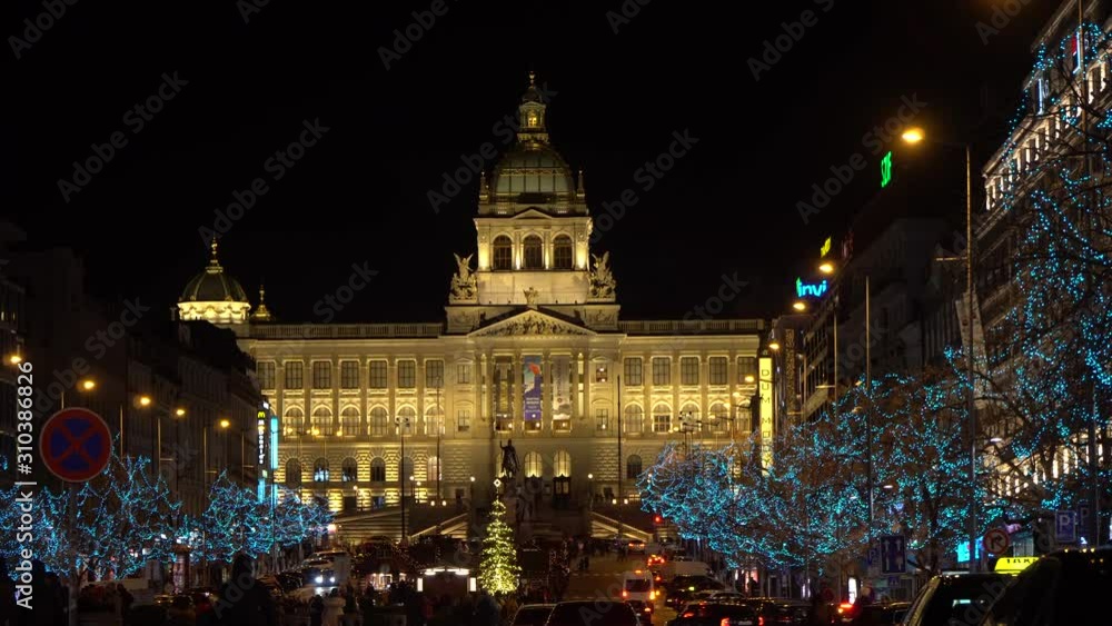 Prague, Czech Republic - December 2019: Wenceslas Square with christmas decorations at night Prague, Czech Republic - December 2019: Wenceslas Square with christmas decorations at night