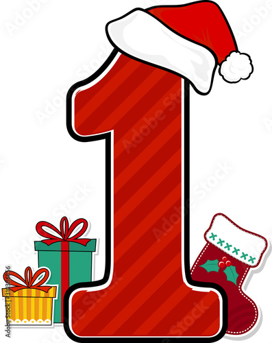 number 1 with red santa's hat and christmas design elements isolated on white background. can be used for holiday season card, nursery decoration or christmas paty invitation