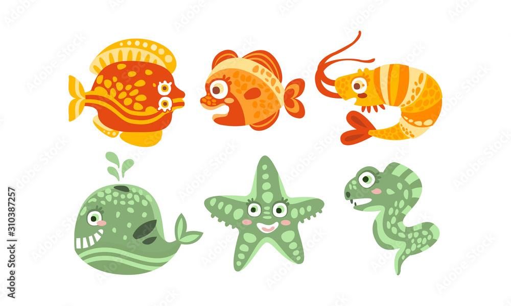 Cute Friendly Sea Creatures Vector Set. Underwater Life for Kid Illustrated Book Concept