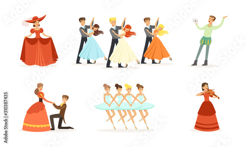 Performer Characters Playing Entertainment Performance on Theater Stage Vector Illustrations Set