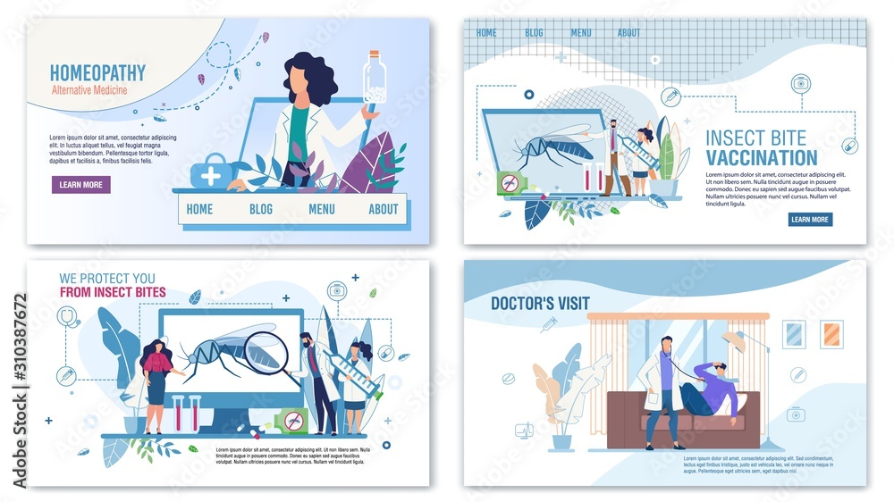Professional Medical Services for Help Trendy Flat Landing Page Set. Homeopathy, Anti Insects Bites Infection Vaccination, Home Doctors Visit Call for Consultation. Vector Cartoon illustration