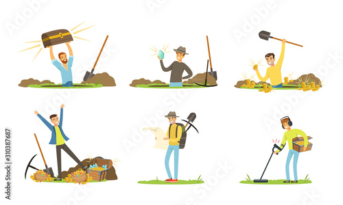Treasure Hunter Holding Metal Sensor and Spade Looking For Gemstones Vector Illustrations Set