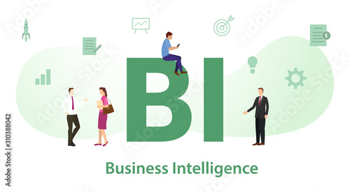bi business intelligence concept with big word or text and team people with modern flat style - vector