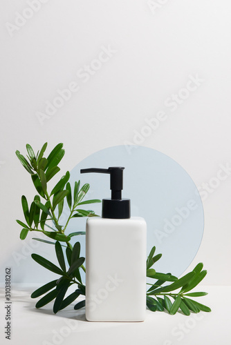 Bottles of shampoo and tropical leaf on color background. Beauty concept