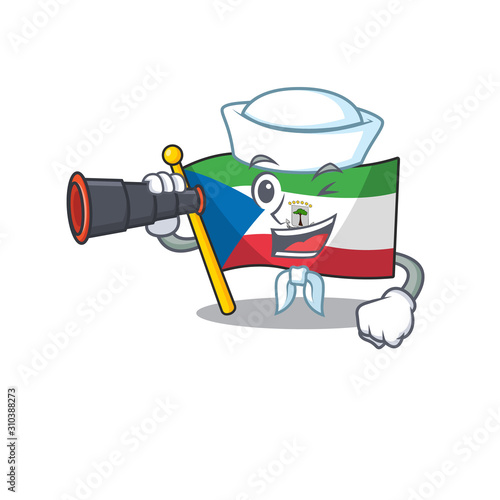 happy Sailor flag equatorial guinea Scroll cartoon design with binocular