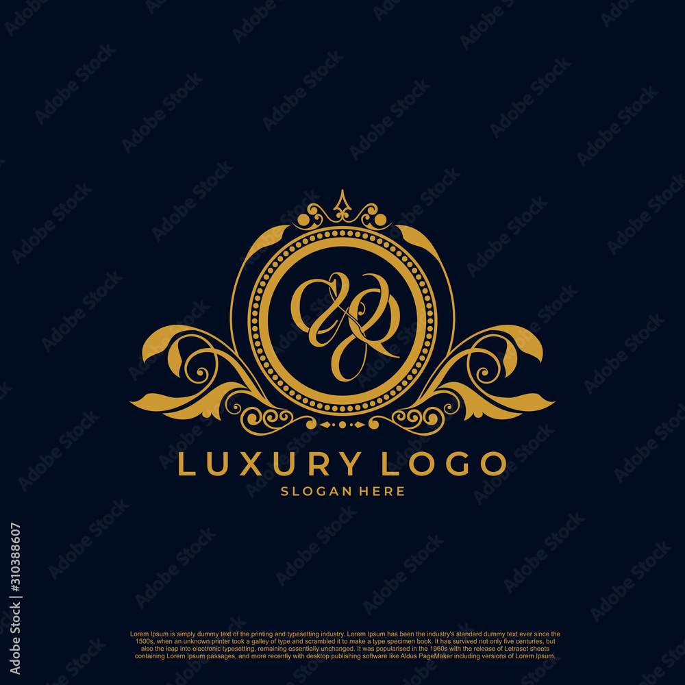 Logo Initial letter CQ luxury vector mark, gold color elegant classical symmetric curves decor. Logo Initial letter CQ luxury vector mark, gold color elegant classical symmetric curves decor.