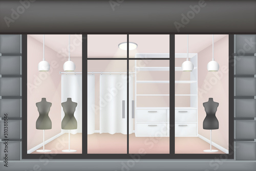 Clothing store building shop store facade with storefront large window,