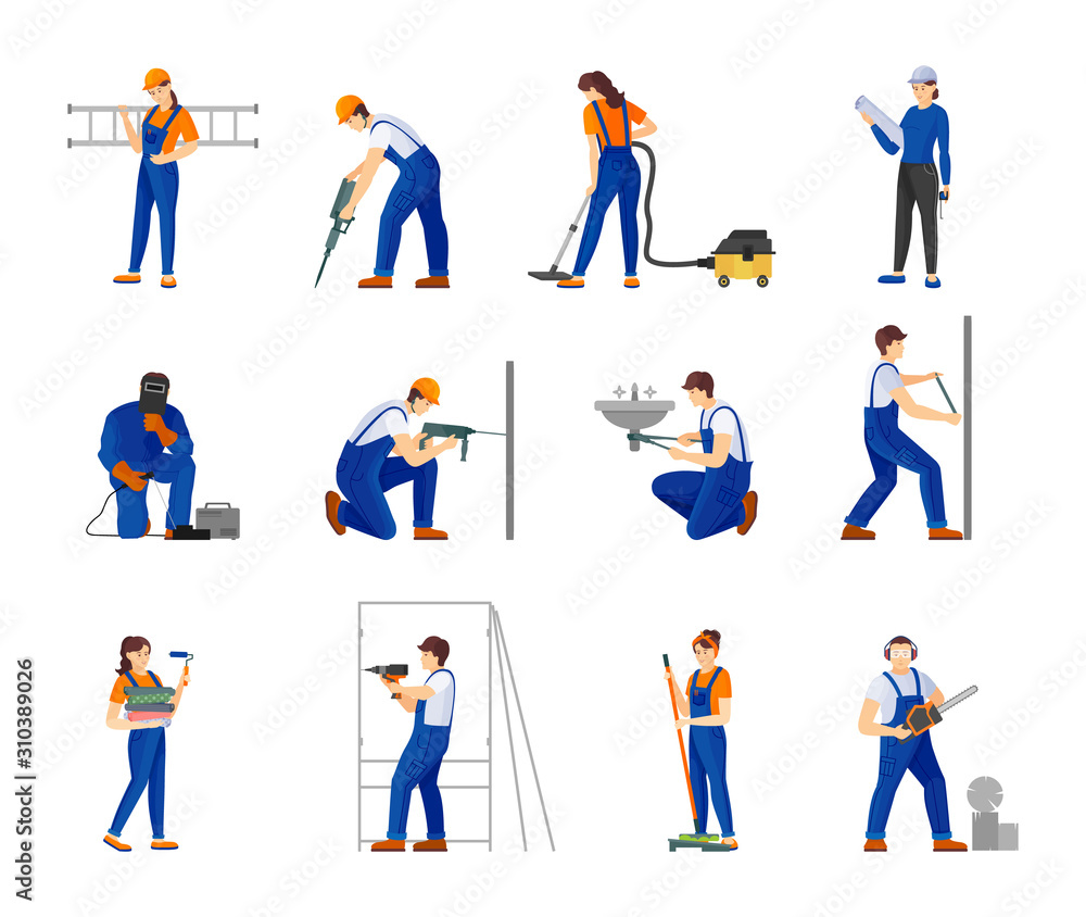 Group repairman man and woman cartoon vector illustration