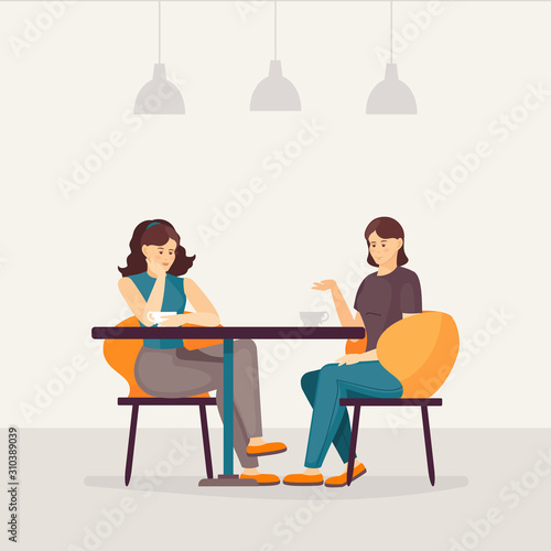 Two girlfriends drink coffee together, talk while sitting at table in cafe. Friendship, Friends meeting woman at business lunch cartoon vector illustration