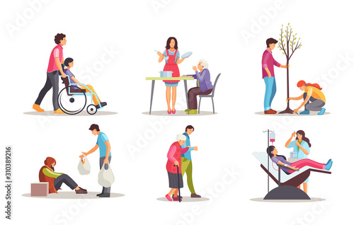 Volunteer people doing charity activities, donate blood, help homeless people. Social projects, blood donation, environmental protection, help disabled people. International Volunteer Day vector
