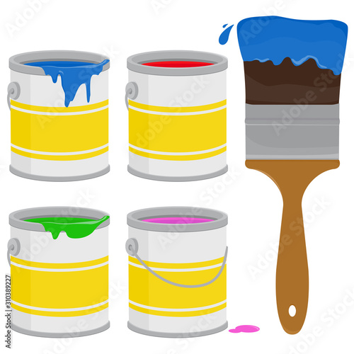 Paint supplies. Cans, paint buckets and a paint brush. Vector illustration