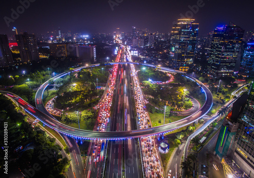 Canvas Print Traffic Jam during rush hour in Semanggi interchange overpass in the night time