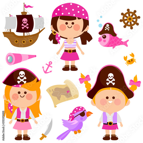 Pirate set with pirate girls, a pirate ship, and treasure map. Vector illustration collection