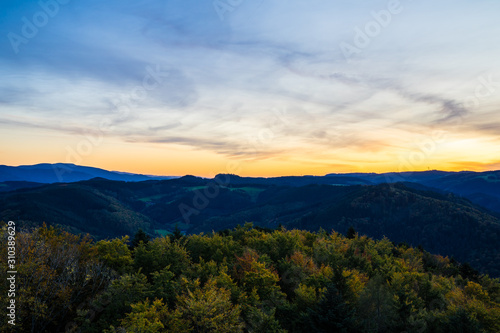 Germany, Perfect aerial view above endless beautiful black forest vacation nature landscape above tree tops at sunset in autumn season perfect for hiking