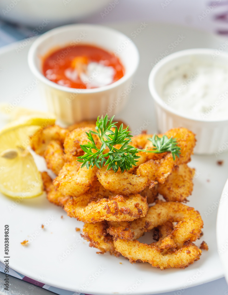 Crispy onion rings served on a white plate Crispy onion rings served on a white plate