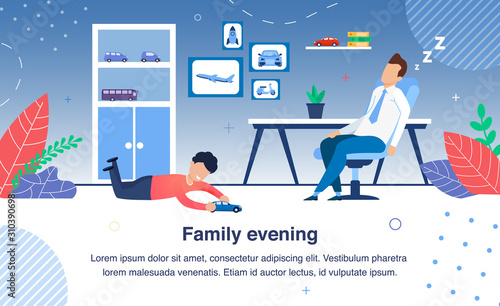 Family Evening Routines Trendy Flat Vector Banner, Poster Template. Tired Father Napping, Sleeping, Resting in Chair After Hard Day on Work, Joyful Son Playing with Toy Car on Floor Illustration