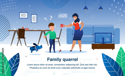 Family Quarrel, Parenting and Child Discipline Problems Trendy Flat Vector Banner, Poster Template. Angry Mother Arguing on Worried Son Because or Broken Cup, Boy Shifting Blame on Dog Illustration