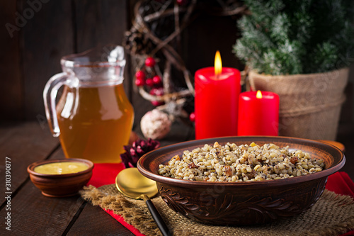 Kutya. Christmas porridge made of wheat grains  poppy seed  nuts  raisins and honey. Christmas kutia. Ukrainian cuisine.