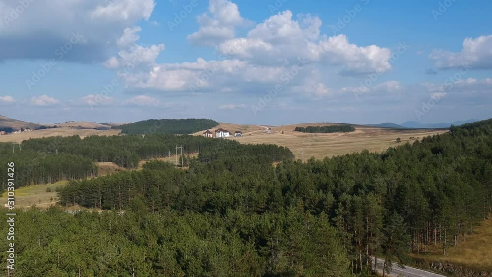 Aerial landscape of the evergreen forest and fields with dry grass with the bright blue sky and fluffy clouds in the background. Zlatibor mountain, Cajetina, Serbia