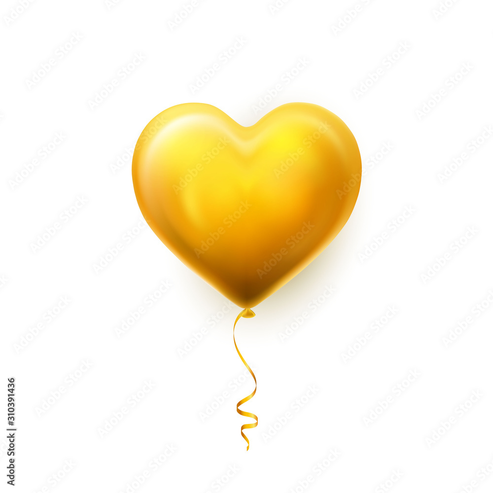 Naklejka Balon realistyczne złote serce na białym tle z cieniem. Połysk balonu z helem na ślub, urodziny, imprezy. Dekoracja festiwalu. Ilustracji wektorowych
