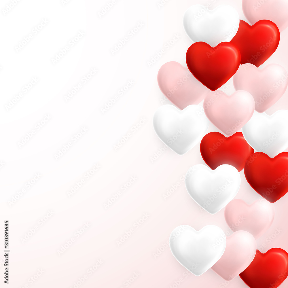 Happy Valentines Day background, flying red, pink and white helium balloon in form of heart. Vector illustration