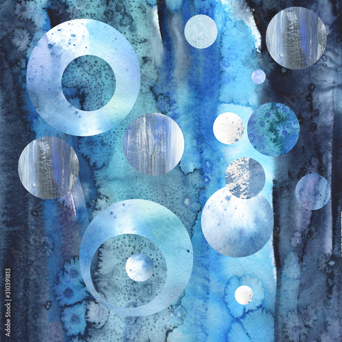 Planets and spheres in outer space. Geometric collage of textured paper in blue tones. Circles, balls, surfaces, walls, stripes, drops of water. Suitable for design tiles, poster, print,wallpaper,web
