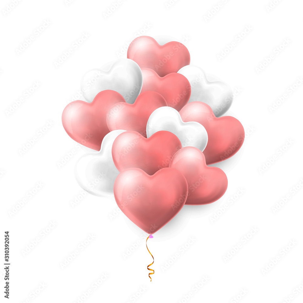 Happy Valentines Day background, flying bunch of pink and white helium balloon in form of heart. Vector illustration