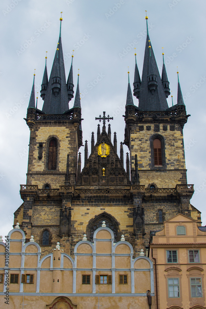 Vertical picture of the facade of the Church of Mother of God before Týn (Tyn Church) in Old Town Square (Staroměstské náměstí) in Prague, Czech Republic