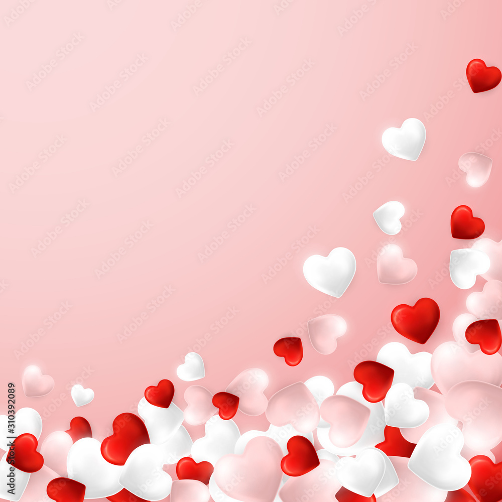 Happy Valentines Day background, flying red, pink and white hearts. Vector illustration