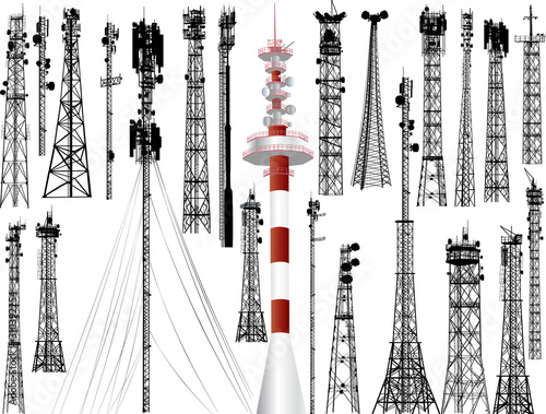 Photo group of twenty three antenna towers on white