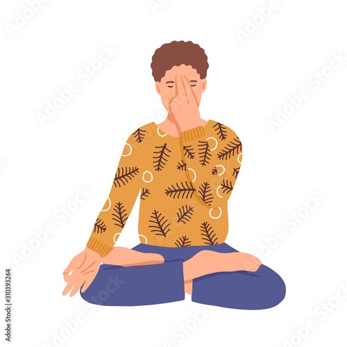 Man doing yoga flat vector illustration. Young boy practice breathing techniques in lotus pose cartoon character. Male yogi practicing relaxation asana. Man focused on pranayama exercise.