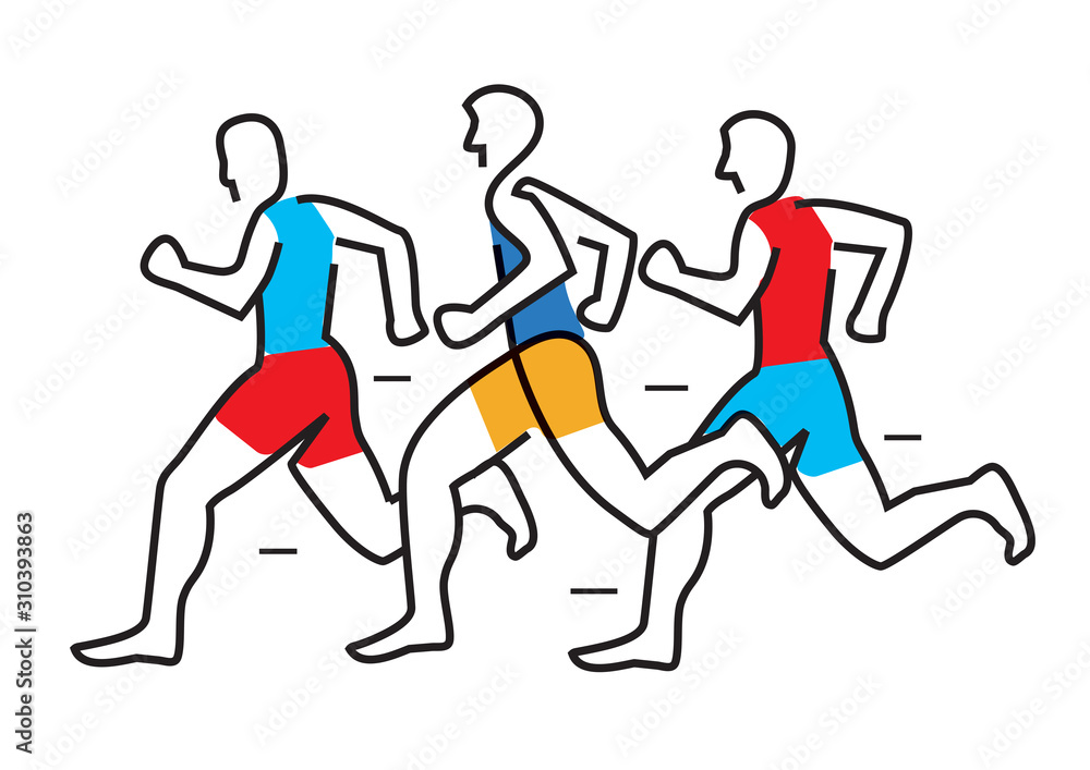 TiskRunning race, marathon, line art stylized.  Colorful line art decorative stylized illustration of three running racers. Vector available.