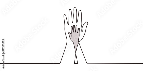 Stop Racism symbol with hand. One continuous line drawing metaphor. Concept of different background culture, gender, and skin color. Vector illustration Unity care sign minimalism design.