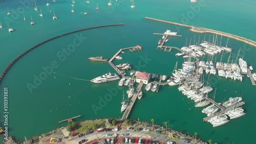 Yachts docked at Marina Fort Louis in Marigot, Saint Martin aerial view from a drone photo