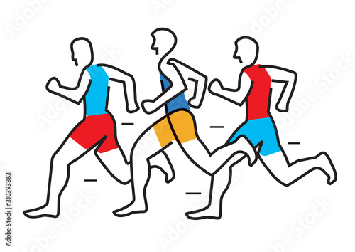 TiskRunning race  marathon  line art stylized.  Colorful line art decorative stylized illustration of three running racers. Vector available.