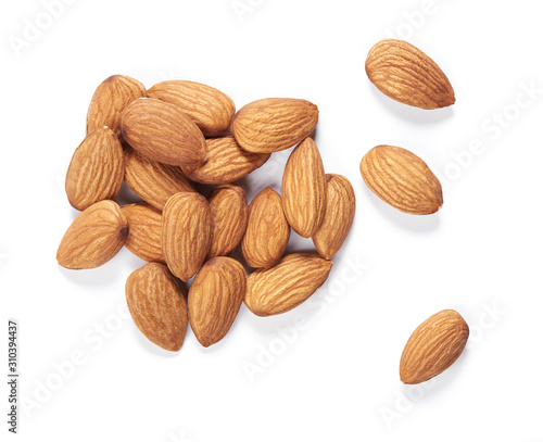 Almond isolated top view. Nuts on white background