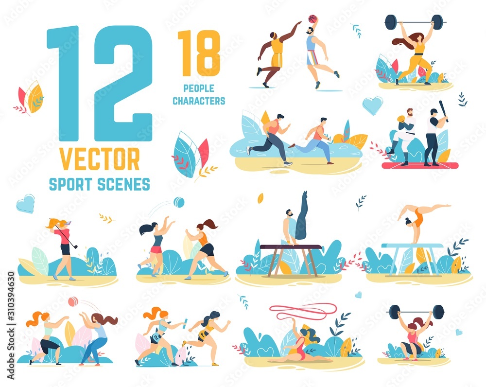 Sport Scenes Vector Set with People Characters